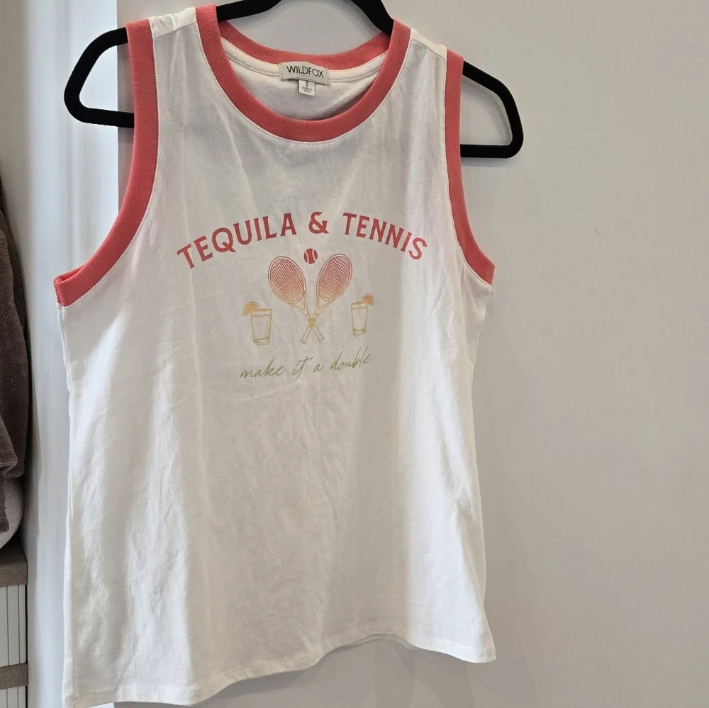 Wildfox White Tank with Coral Trim and Tequila & Tennis Graphic - Picture 1 of 2